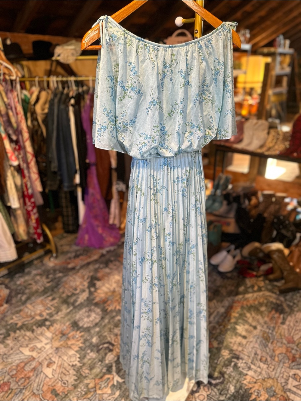 Vintage Light Blue Floral Off-Shoulder Maxi Dress
